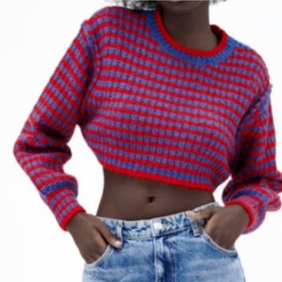 Zara Striped Red and Blue Cropped Sweater - Picture 1 of 6